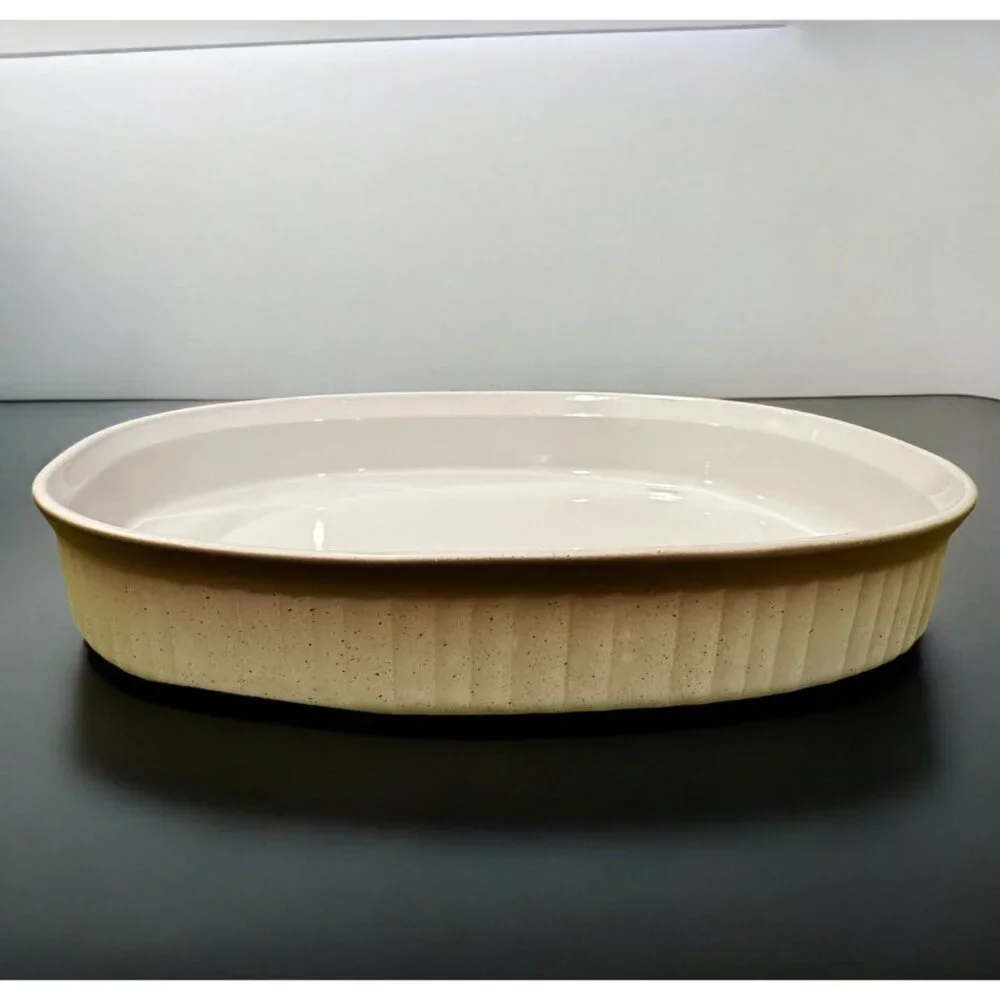 Vtg Corning Ware Oval Casserole F-4-B 2.5L French White Brown Ombre Ribbed